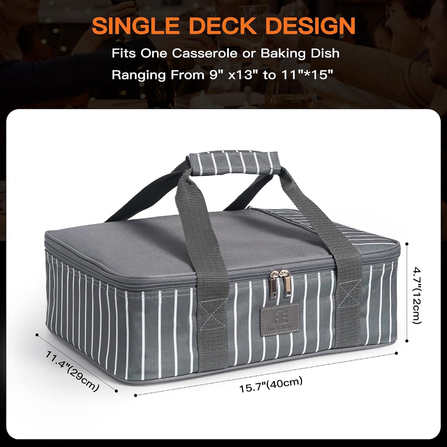 FE FUN ELEMENTS Casserole Carrier, Expandable Insulated Casserole Carriers for Hot or Cold Food, Lasagna Lugger for Parties, Fits 9" x 13" Baking Dish, Grey
