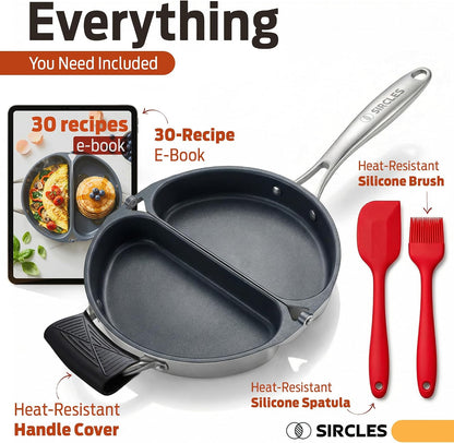 SIRCLES Double Sided Omelet Pan, Nonstick Omelette Maker, 3004 Aluminum, Induction Compatible, Dishwasher Safe, PFOA Free, Flip Lock Egg Pan with Spatula & Recipe eBook