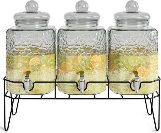 Style Setter Premium Glass Drink Beverage Dispensers - 1.5 Gal, Set of 3 | Dispenser Set with Metal Stand for Parties Cold Drinks, Lemonade, Cocktails, Juice – Party Glass Drink Dispenser Station