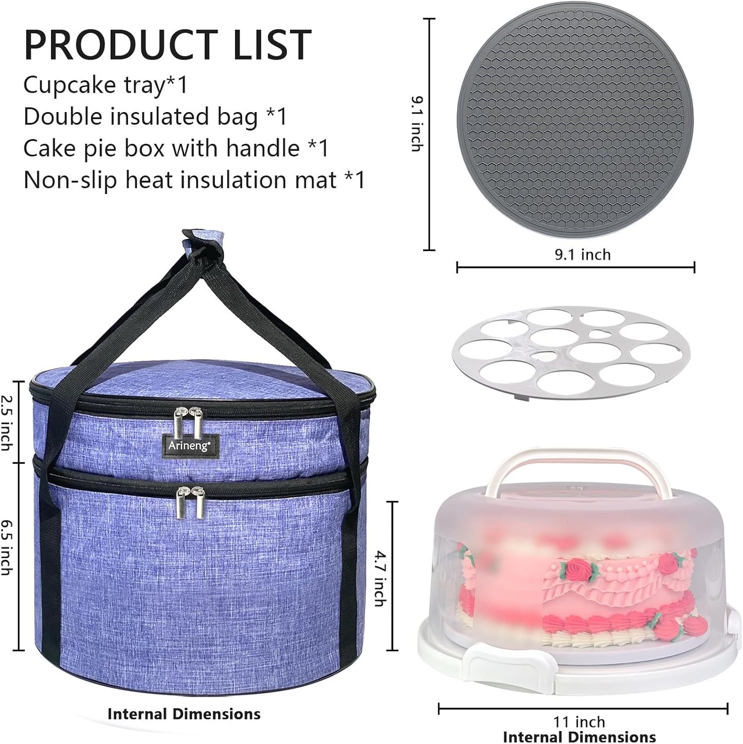 Round Cake Carrier Box with Lid and Handle, Transportation Insulated Bag for Cakes, Cupcakes and Pies, Triple Locking Design for Safe Transportation (Grey, 12 * 12 * 7.9 Inch)