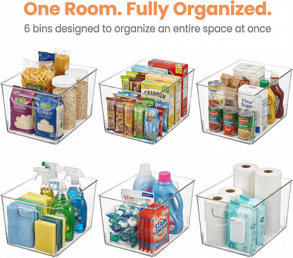 MOONEDGE Large Clear Plastic Storage Bins 4 Pack, 12" x 8" x 6" Stackable & Durable Organizers for Kitchen, Pantry, Refrigerator & Bathroom – Food Safe, Easy to Clean, Ideal for Home Organization