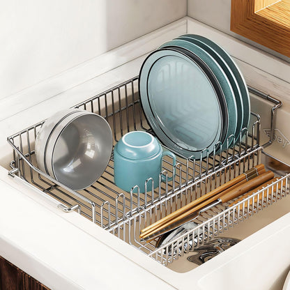 Expandable Over The Sink Dish Drainer Drying Rack, Stainless Steel Metal, Small Adjustable Dish Drainer Drying Rack for Kitchen Counter, Space Saving for Compact Kitchen