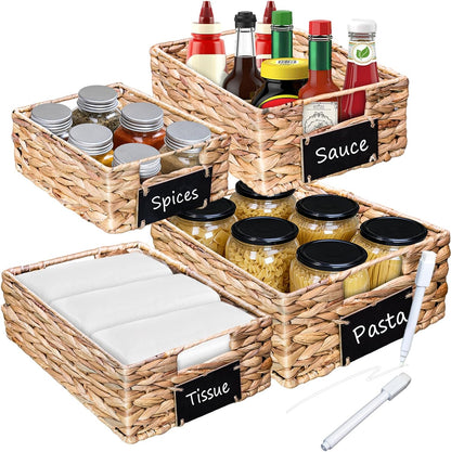 Set of 4 Sizes Hand-Woven Pantry Shelf Baskets, Hyacinth Storage Baskets with Chalkboard Labels & 2 Chalk Markers, Wicker Nestable Basket Set for Organizing Pantry Kitchen Laundry Shelves (Brown)