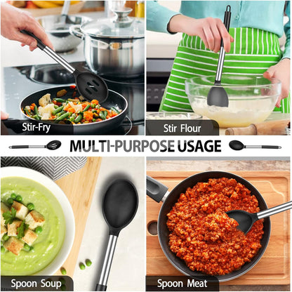 Pack of 2 Large Silicone Cooking Spoons, BPA Free Kitchen Scoops (Black)
