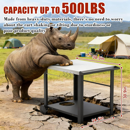 Upgraded Pizza Oven Cart Table for Ooni Koda/Karu/Fyra 16 & 12, Movable Thicken & Widen Rolling Kitchen Cart, Outdoor Grill Stand for Ninja Woodfire,Blackstone Griddle,Barbecue Tool Set