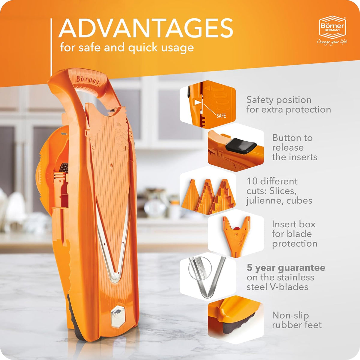 Börner Mandoline Slicer V5 (Basic Set) • Vegetable V-Slicer for Slices in 4 Thickness Settings • Stainless Steel V-Blade • Adjustable Kitchen Slicer for Vegetables & Fruits • Color: Green