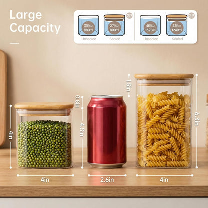 Extra Large Square Glass Flour & Sugar Storage Containers with Airtight Lids, 168 floz - 2 Pack Glass Jars with Bamboo Lids for Pantry, Air tight Food Storage Containers for Cereal, Pasta, Rice