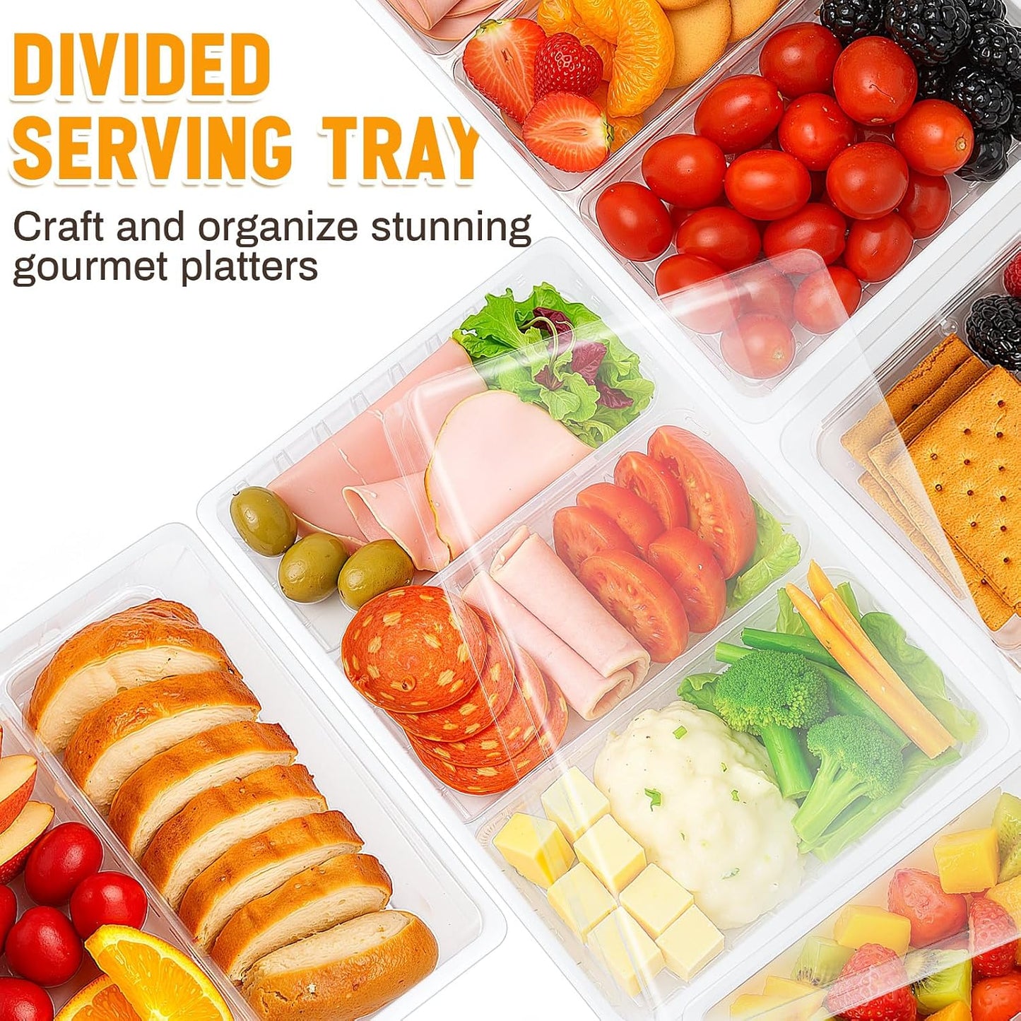 Shellwei 5 Pack Extra Large Charcuterie Board with Lid 15 x 10 Inch 3 Section Divided Catering Trays with Lids Large Disposable Travel Catering Serving Trays Platter (Black)