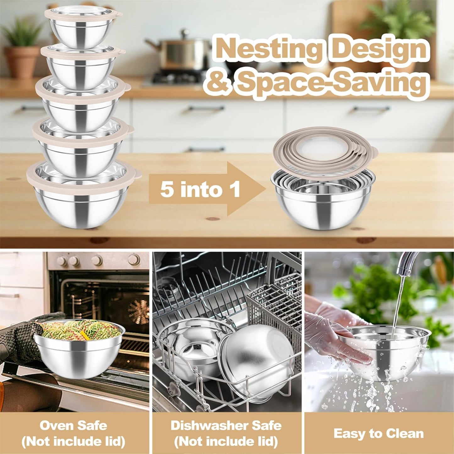 TeamFar Mixing Bowls Set, 4.5/3/1.5/1/0.7 QT Stainless Steel Nesting Salad Bowls with Airtight Lids, For Serving/Mixing/Storing, Non-Toxic & Heavy Duty, Visible & Easy Clean, Black, Set of 5