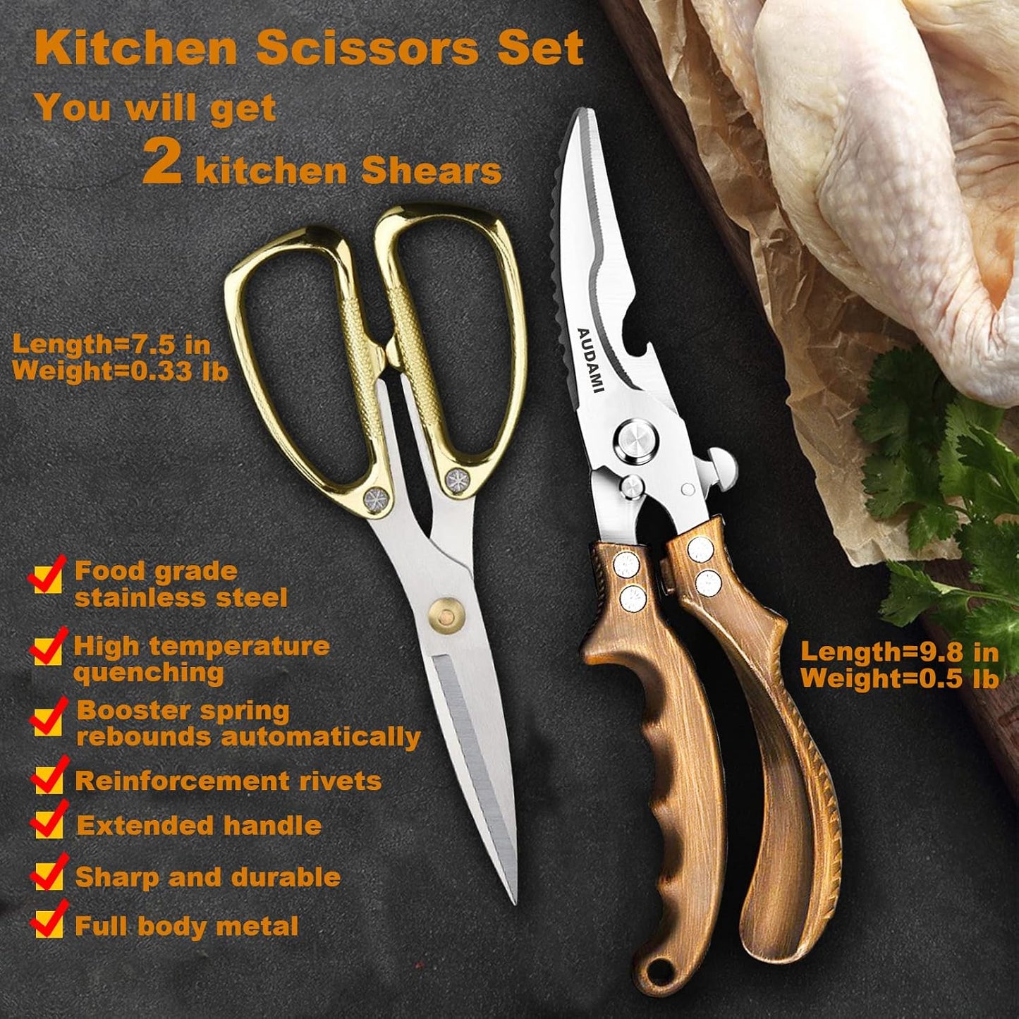 2 Pack Kitchen Shears,Heavy Duty Stainless Steel All-Purpose Poultry Meat Scissors for Cooking-Dishwasher Safe