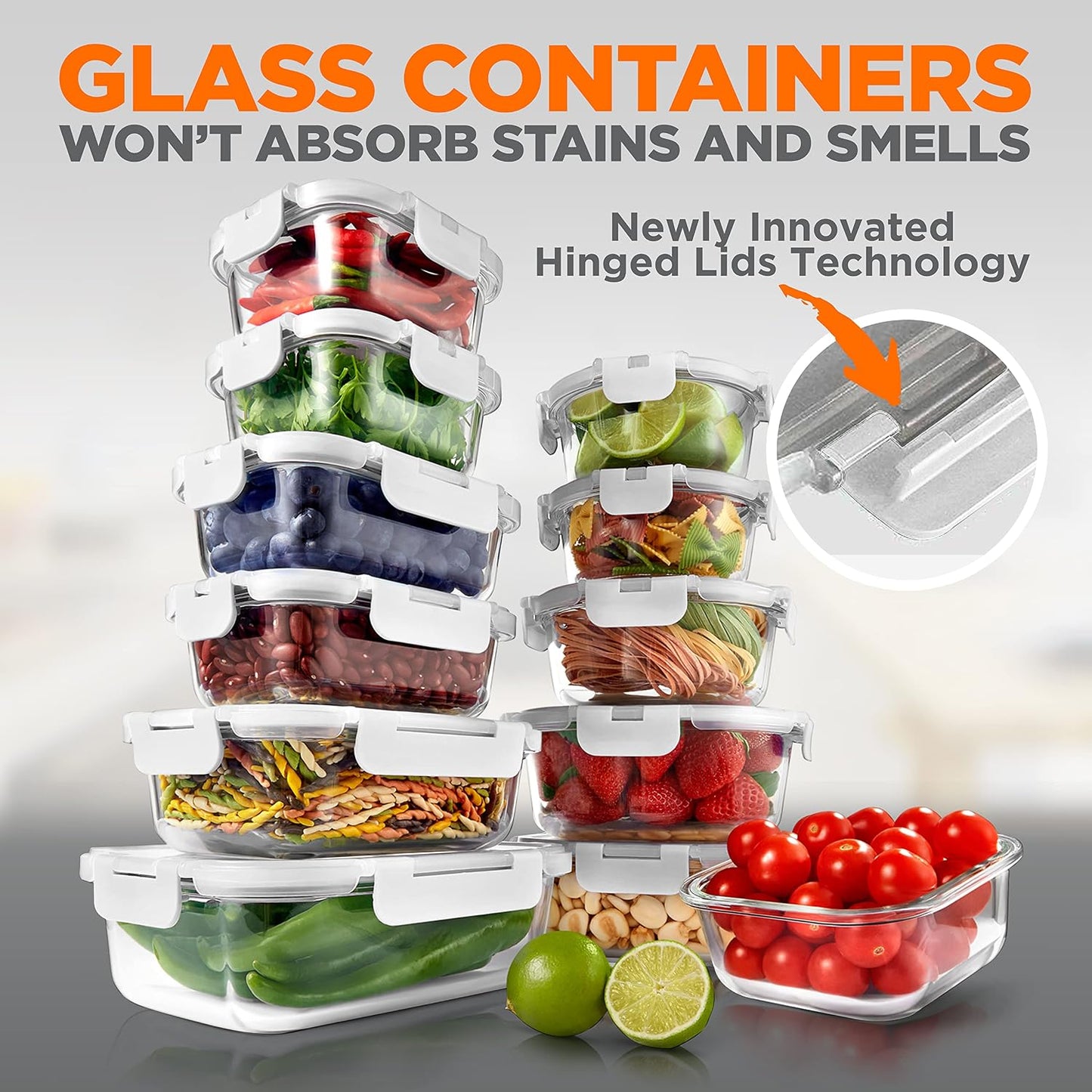 NutriChef 24pcs Glass Food Storage Containers, (12 Stackable Heavy Duty Meal Prep Containers w/ 12 Airtight Lids), Microwave, Freezer, & Dishwasher Safe for Food, Snacks, Fruit & More, (Gray)
