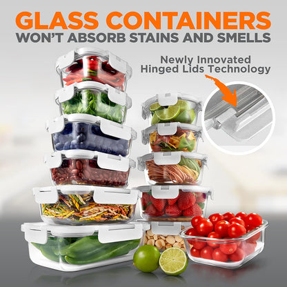 NutriChef 24pcs Glass Food Storage Containers, (12 Stackable Heavy Duty Meal Prep Containers w/ 12 Airtight Lids), Microwave, Freezer, & Dishwasher Safe for Food, Snacks, Fruit & More, (Gray)