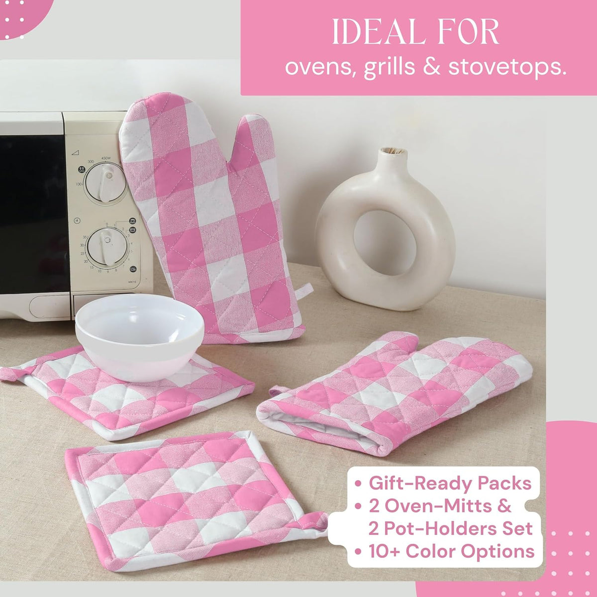 Oven Mitt (7"x13") & Pot Holder (8"x8") 100% Cotton Set of Heat Resistant Oven Gloves & Hot Pads for Gifts, BBQ, Cooking, Baking, Thanksgiving - Mustard Yellow