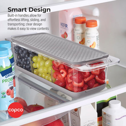 Copco Over the Sink Colander Fridge Storage Bin with Lid - Refrigerator Organizer for Fruits Vegetables Produce - Clear Design with Built-In Handles, Removable Drain Cover