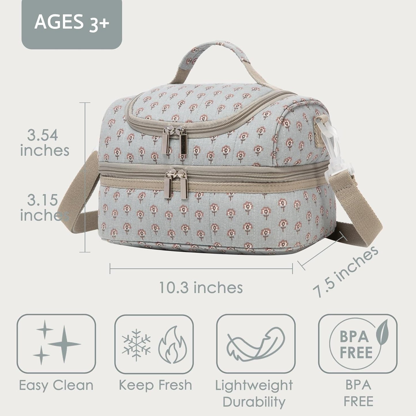 Insulated Kids Dual Compartment Lunch Bags Tote Pack for Girls Boys Toddler Kindergarten School Picnic Cooler Thermal Lunch Boxes with Strap (Green Rainbow)