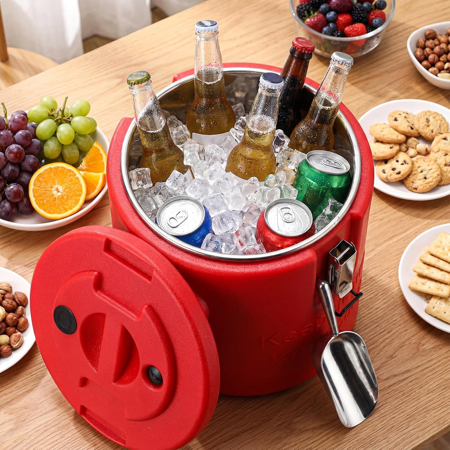 meekoo 10L Large Insulated Ice Bucket for Parties, Double-wall Beverage Bucket with Lid & Scoop, Keeps Champagne, Wine, Beer Chill for Parties Stainless Steel Ice Buckets for Summer Beach Party