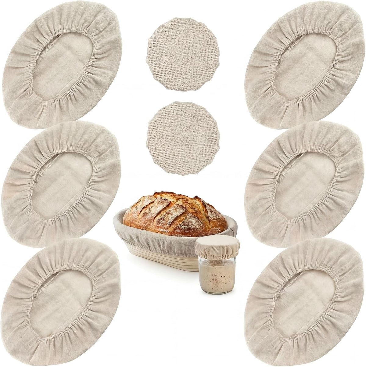 8 PCS Bread Proofing Basket Cloth Liner (3 Round & 3 Oval) & 2 Sourdough Starter Jar Covers, 10 Inch Banneton Basket Cover for Sourdough Baking, Reusable Dough Bowl Liner (Combo)