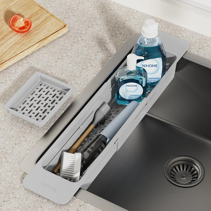 NiHome Extendable Over Sink Kitchen Organizer, Small Telescopic Brush Storage Rack for Sponge, Non-Slip Pads Expandable Sink Caddy, Adjustable Sponge/Brush Rack with Drainage Durable ABS (Dark Gray)