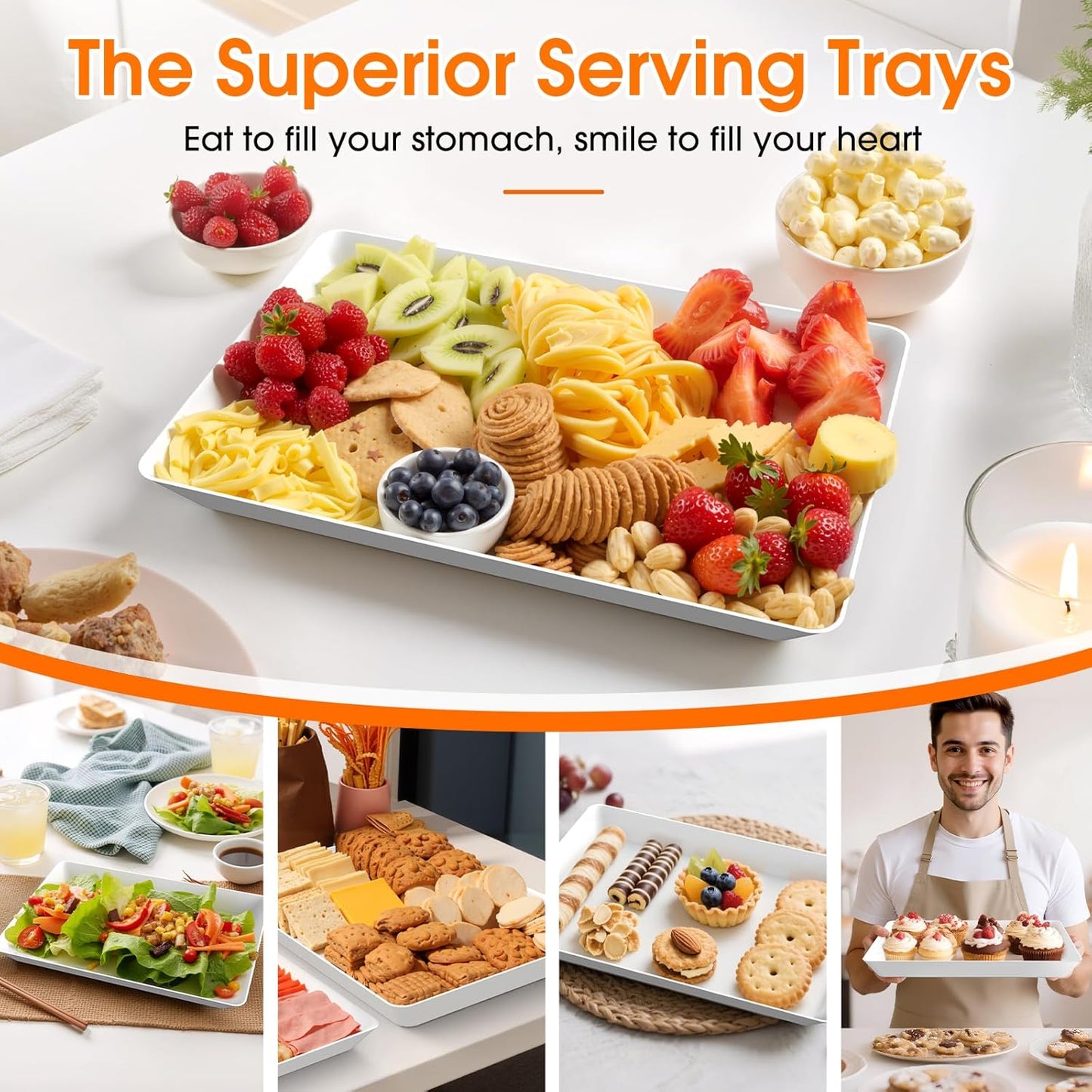 SpaceWhisper 3 Pack Serving Tray, White Rectangular Appetizer Platters for Party, Catering, Buffet, Large Reusable Serving Dishes for Snacks, Fruit, Dessert, 3 Size Set 16 * 11", 14 * 9", 12 * 7"