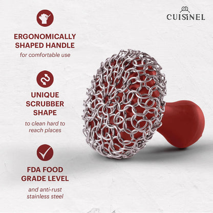Cuisinel Cast Iron Scrubber Cleaning Brush + Pan/Grill Scraper - Skillet and Grill Cleaner Kit - Soft-Touch Confident-Grip Dish Scrub Tool - Tough on Grease, Gentle on Metal and Non-Stick Cookware
