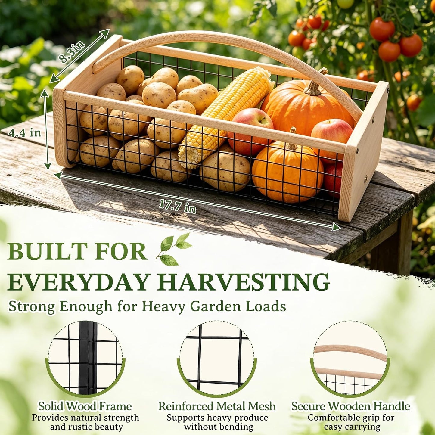 Garden Hod Harvest Basket, Wooden Garden Harvest Basket with Metal Mesh, Vegetable Gathering Basket for Fruit Picking, Rinse & Drain Gardening Basket for Kitchen, Picnic, Farmhouse Decor-Big