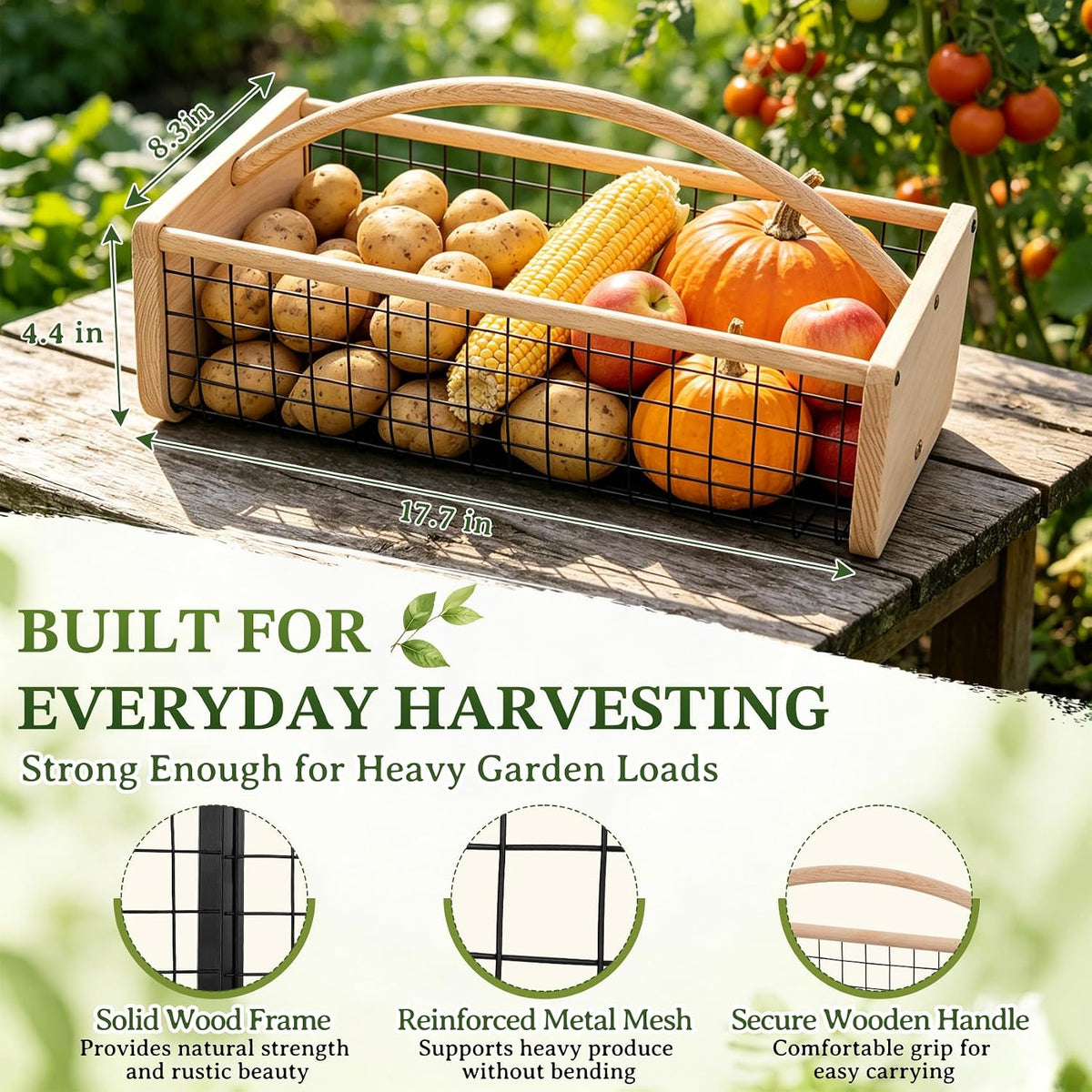 Garden Hod Harvest Basket, Wooden Garden Harvest Basket with Metal Mesh, Vegetable Gathering Basket for Fruit Picking, Rinse & Drain Gardening Basket for Kitchen, Picnic, Farmhouse Decor-Big