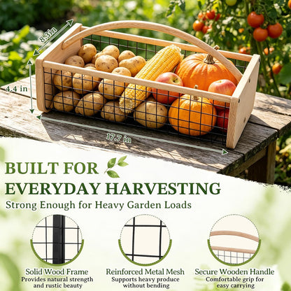Garden Hod Harvest Basket, Wooden Garden Harvest Basket with Metal Mesh, Vegetable Gathering Basket for Fruit Picking, Rinse & Drain Gardening Basket for Kitchen, Picnic, Farmhouse Decor-Big