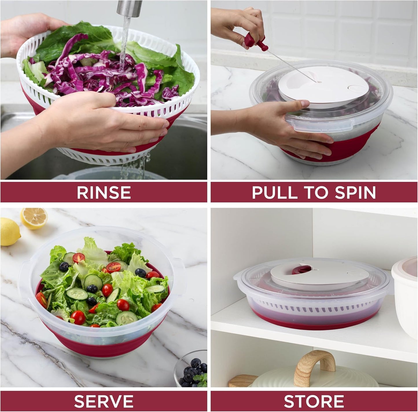 COOK WITH COLOR Collapsible Salad Spinner - 4 QT Space Saving Lettuce Dryer with Folding Collapsible Colander Great for Washing and Drying Fruit and Vegetables (Grey)