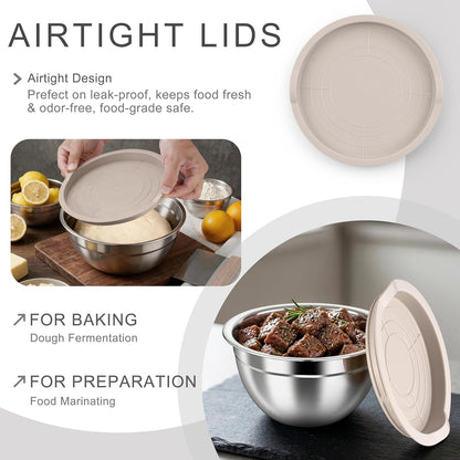 HaWare Mixing Bowls with Airtight Clear Lids, 6-Piece Stainless Steel Strong Nesting Bowls Set, Metal Salad Bowl for Cooking, Prepping, Baking, Serving & Food Storage, Size 4.6, 3, 1.5QT, Khaki