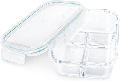Glass Meal Prep Containers - 3-Compartment Glass Food Storage with Lids - Divided Lunch Containers - Bento Box