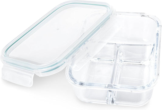 Glass Meal Prep Containers - 3-Compartment Glass Food Storage with Lids - Divided Lunch Containers - Bento Box