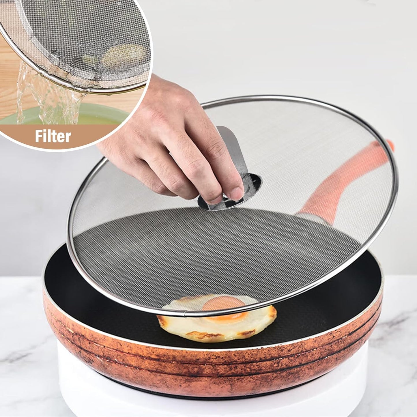 Splatter Screen for Frying Pan 13" 11.5" 9.8" Stainless Steel Fine Mesh Grease Splatter Guard with Comfort Silicone Handles and Resting Feet for Prevent Oil Splatter Safe Cooking