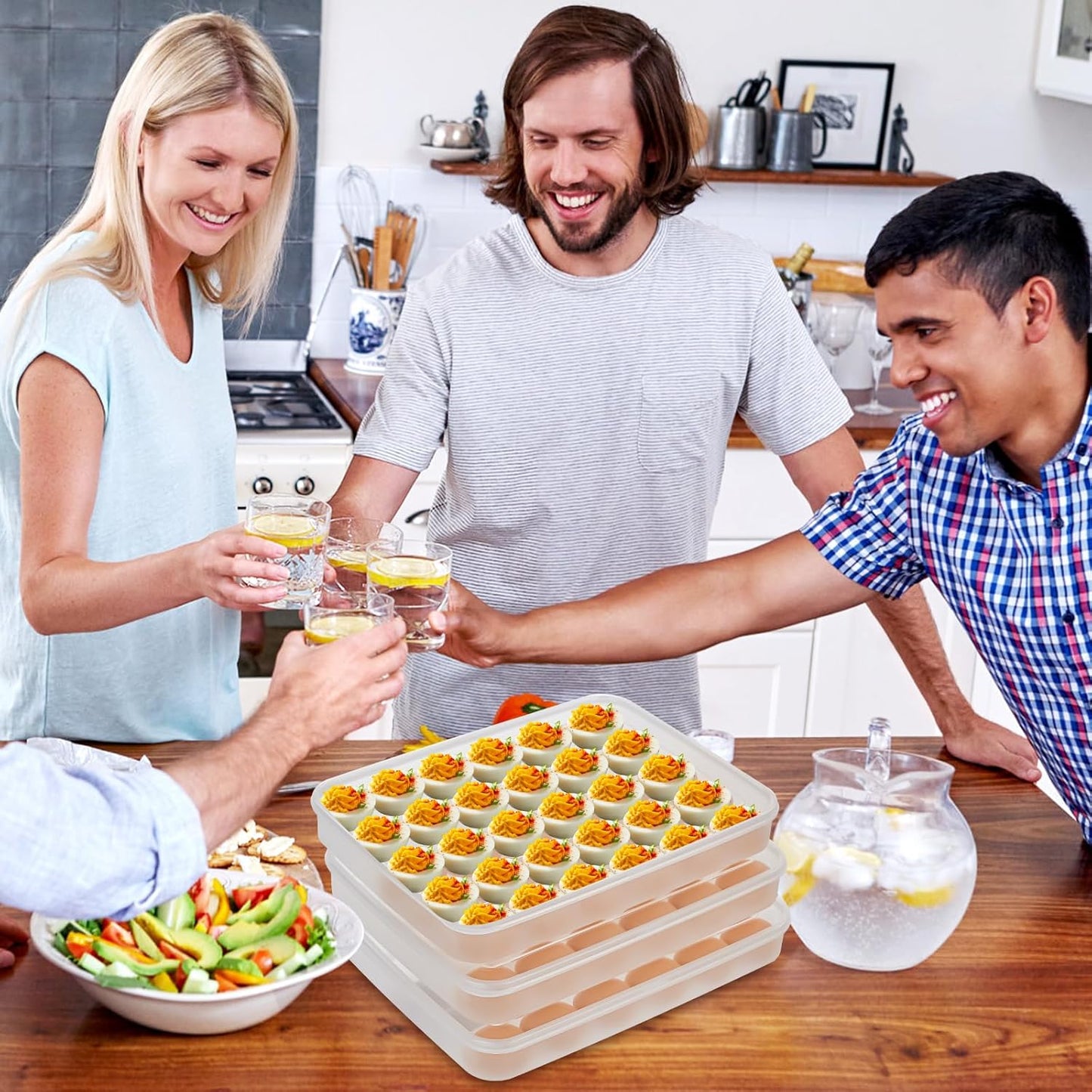3 Pack Deviled Egg Containers with Lid and 8 Pcs Deviled Egg Injector Piping Tool, Egg Organizer for Refrigerator, Fridge Stackable Countertop Portable Egg Platter (pink,blue,green)