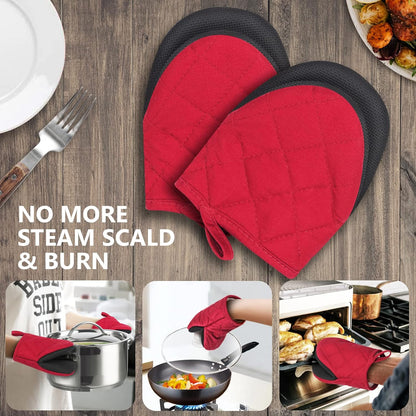 1 Pair Short Oven Mitts - Silicone Kitchen Oven Gloves High Heat Resistant 500℉, Mini Oven Mits with Non-Slip Grip Surfaces and Hanging Loop for BBQ, Baking, Cooking and Grilling (Black)