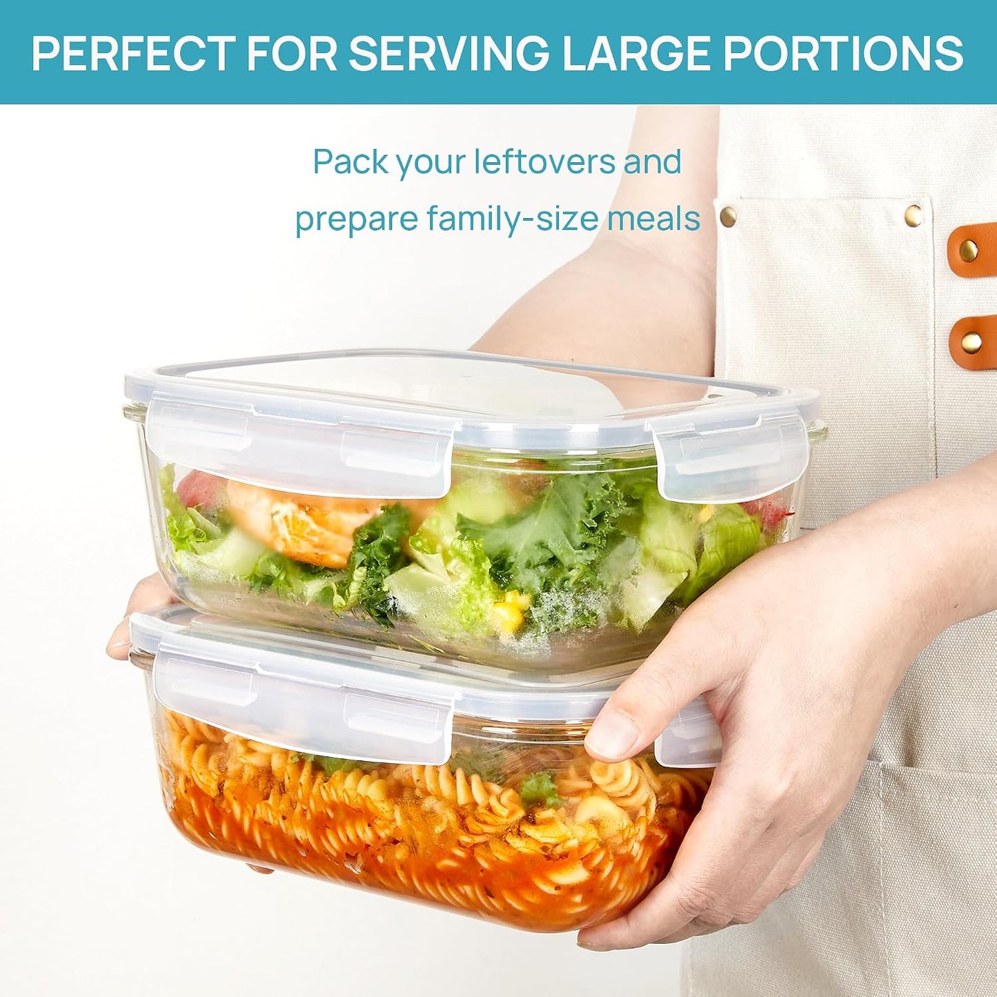 Vtopmart 2Pack 2260ml/ 76.4oz Large Glass Containers Food Storage with Lids, Meal Prep Food Container Set with Snap Airtight Lid for Baking, Microwave, Oven, Leak Proof, for Freezer, Dishwasher, Green