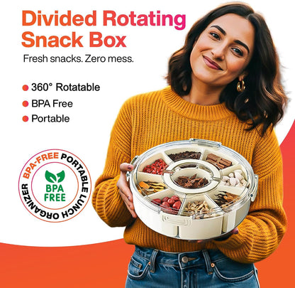 Divided Rotating Snackle Box Container, Veggie Tray with Lid for Fridge - Lazy Susan Snack Spinner with Handle, Rotating Fruit & Snack tray, Large Serving tray for Parties - Off-White/Clear(Large 12")