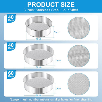 3 Pcs flour sifter for baking (8" 40 and 60 Mesh, 6" 40 Mesh)