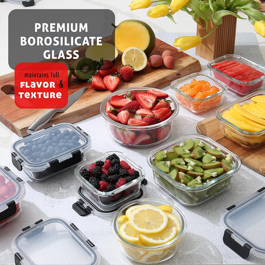 EATEX 16pc Glass Food Storage Containers with Lids, Airtight Glass Meal Prep Containers, 8 Reusable Food Containers with 8 Leakproof Snap Lock Lids, Oven Microwave Freezer Safe Lunch