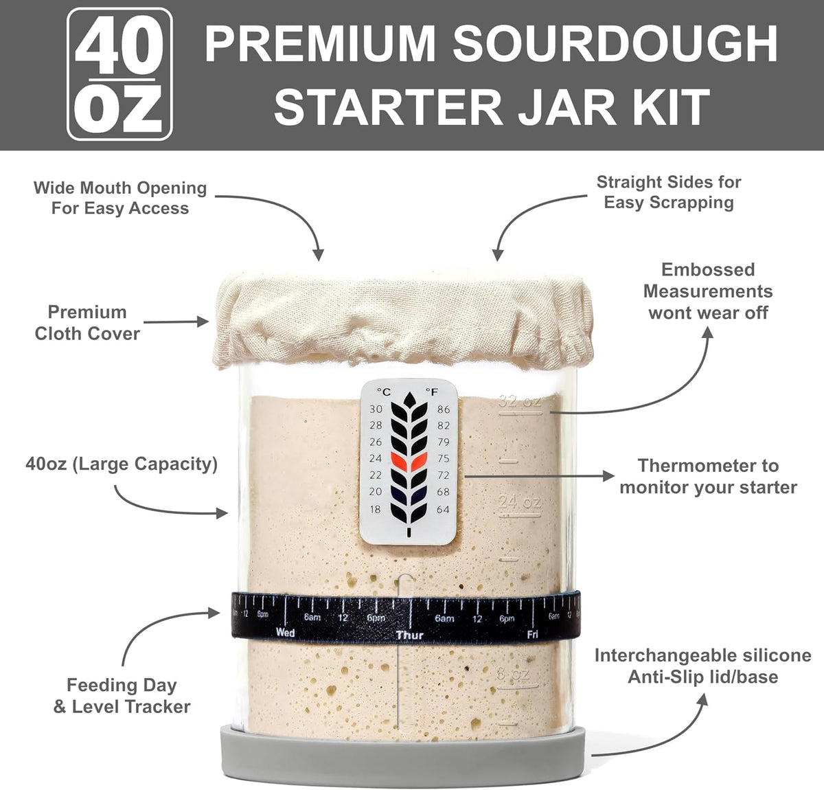 BALCI Premium Sourdough Starter Jar - 40oz Wide Mouth Kit (Blue)