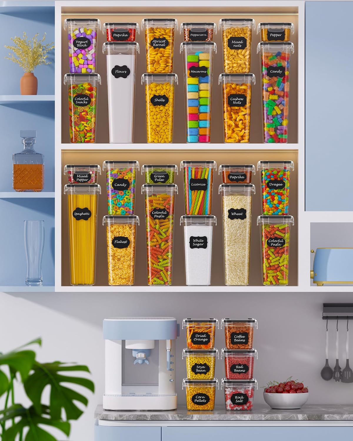 Airtight Food Storage Containers with Lids, 24 PCS Kitchen and Pantry Organization Canisters, BPA-Free, PVC-Free, Food-grade Plastic Leak-proof Jars for Cereal, Flour, Sugar, Extra 24 Labels & Marker