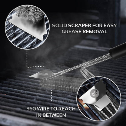 KITCHEN PERFECTION Safe Wire Grill Brush for Outdoor Grill w/Grill Scraper & Grill Mat Grill Cleaning Kit -Extended Handle BBQ Brush for Effortless Grill Cleaning Grill Cleaner Brush Barbecue Tools