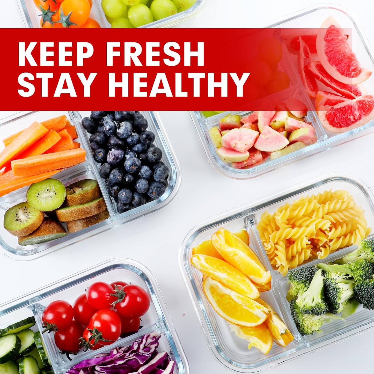 VERONES 5 Pack Glass Meal Prep Containers 3 Compartment Set, 36OZ Airtight Glass Lunch Containers, Glass Food Storage Containers with Lids, for Microwave, Oven, Freezer & Dishwasher Friendly,Green