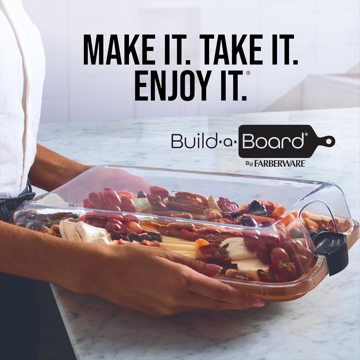 Farberware Build-A-Board Bamboo Cutting Board with Built-In Compartments & Clear Locking Lid, Black Handles, Charcuterie, Snack Tray, Food Prep and Serving Platter