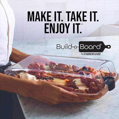 Farberware Build-A-Board Bamboo Cutting Board with Built-In Compartments & Clear Locking Lid, Black Handles, Charcuterie, Snack Tray, Food Prep and Serving Platter