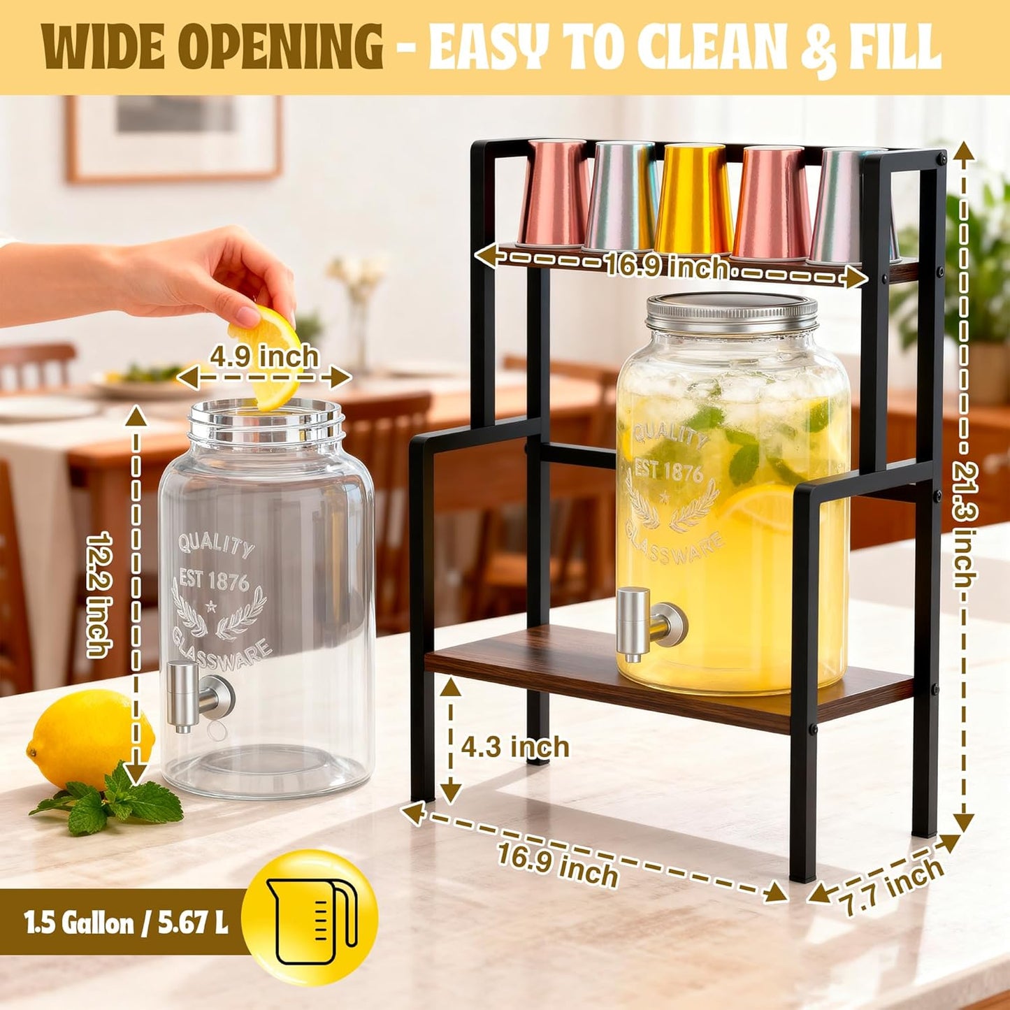2PCS 1.5 Gallon Drink Dispenser - Glass Beverage Dispenser With Wood Stand and Leakproof Stainless Steel Spigot, Large Drink Dispenser for Parties, Lemonade, Iced Tea, Laundry Detergent Container