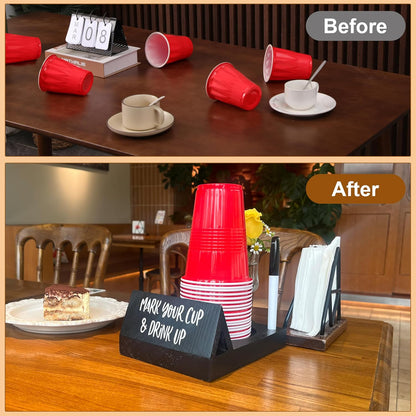 Wooden Brown Party Cup Holder with Marker Slot | Mark Your Cup and Drink Up Cup Holder |Hosting Party Essentials |Disposable Mug Dispenser for Birthday, BBQ, Holiday Events,Housewarming Gift (Brown)