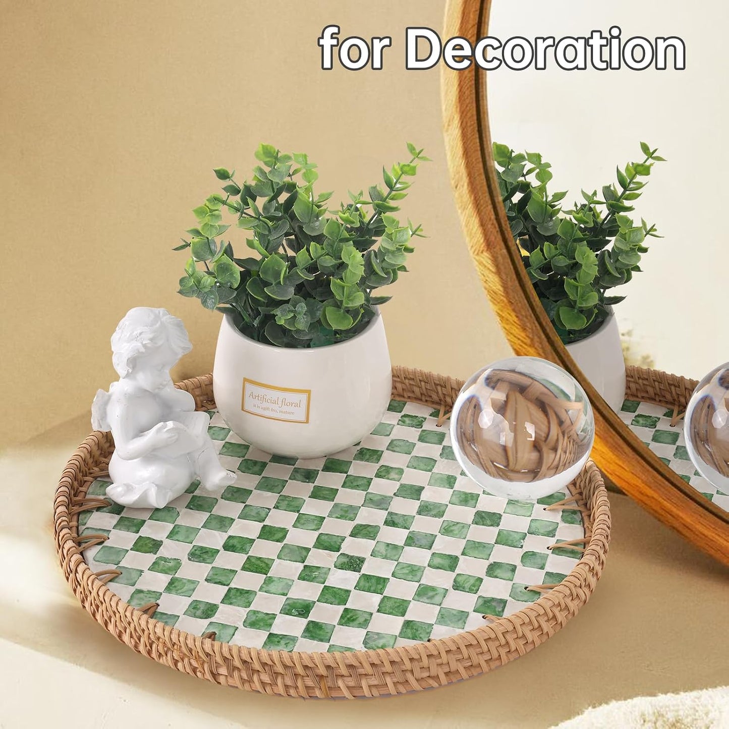 Round Rattan Tray with Mother of Pearl Inlay, Rattan Serving Tray for Coffee, Bread, Fruits, Decorative Wicker Tray for Table Decor, Home Decor, Kitchen Island Decor(Black Checkerboard, 11.8")