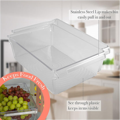 Kitchen Details 2 Pack Medium Refrigerator Storage Bin | Fridge & Freezer | Kitchen Organization | Stainless Steel Handle | Countertop | Cabinets | Pantry | Clear