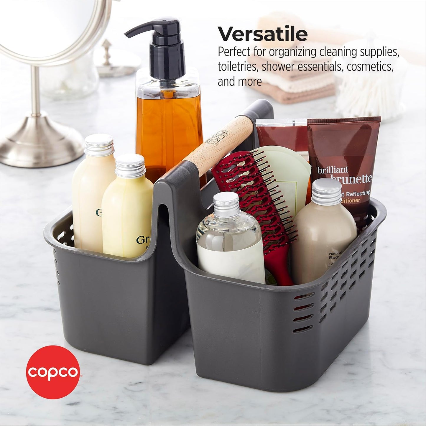 Copco Basics Bathroom and Shower Caddy with Wooden Handle - Charcoal Gray, Dual Compartment Organizer with Ventilation Holes, Portable Tote for Dorm, Home, and Travel Toiletries
