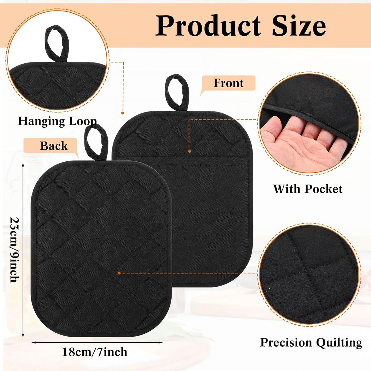 Hoolerry 7''x 9'' Sublimation Pot Holders with Pocket, Black